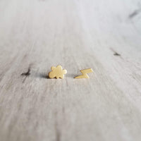 Lightning Cloud Stud Earrings, small gold stud, mismatched stud, rain storm earring, bolt earring, .925 sterling silver post weather earring - Constant Baubling