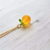 Orange Necklace, small fruit pendant, green leaf charm, orange jewelry, glass orange, translucent orange, Florida fruit, simple gold chain - Constant Baubling