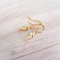 Gold Seahorse Earrings, tiny seahorse earring, sea horse dangle, little brass earring small seahorse, dainty earring, 14K SOLID gold upgrade - Constant Baubling