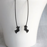 Black Bat Earrings, tiny bat earring, bat dangle, little flying bats, long matte black hook, 2 inch earring, Halloween jewelry, trick treat - Constant Baubling