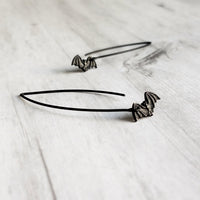 Black Bat Earrings, tiny bat earring, bat dangle, little flying bats, long matte black hook, 2 inch earring, Halloween jewelry, trick treat - Constant Baubling