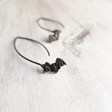 Black Bat Earrings, tiny bat earring, bat dangle, little flying bats, long matte black hook, 2 inch earring, Halloween jewelry, trick treat - Constant Baubling