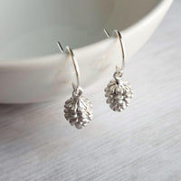 Silver Pine Cone Earrings - small matte silver plated mini pinecone charms on tiny silver plated hooks - minimalist and simple - Constant Baubling