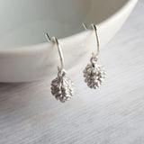 Silver Pine Cone Earrings - small matte silver plated mini pinecone charms on tiny silver plated hooks - minimalist and simple - Constant Baubling