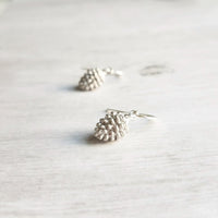 Silver Pine Cone Earrings - small matte silver plated mini pinecone charms on tiny silver plated hooks - minimalist and simple - Constant Baubling