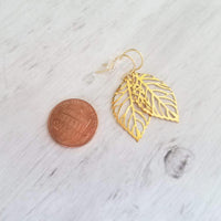 Gold Leaf Earrings, gold filigree leaf earring, cut out leaf earring, punched leaf earring, delicate, 14K SOLID GOLD or filled hook upgrade - Constant Baubling