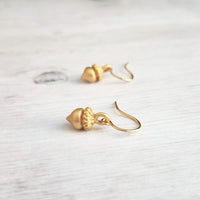 Golden Acorn Earrings, little acorns, shiny/matte gold, autumn earring, fall earring, squirrel earring, small acorns, lightweight dangle - Constant Baubling