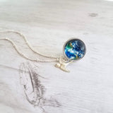 World Globe Necklace - small glass Earth ocean bead/traveling silver bird - delicate bead chain - Not So Far Away Friend/Love/Miss You - Constant Baubling