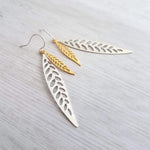 Silver Gold Leaf Earrings, long narrow leaf earrings, silver leaves, filigree leaf earring, silver leaf earring, cut out leaf earring, thin - Constant Baubling