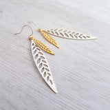 Silver Gold Leaf Earrings, long narrow leaf earrings, silver leaves, filigree leaf earring, silver leaf earring, cut out leaf earring, thin - Constant Baubling