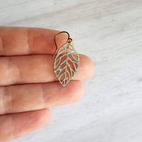 Fall Leaf Earrings, simple leaf earring, delicate filigree leaves, rustic leaf, leaf charm, small verdigris patina leaf, aqua blue green - Constant Baubling
