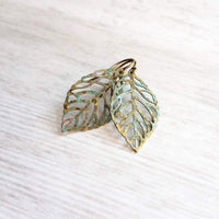 Fall Leaf Earrings, simple leaf earring, delicate filigree leaves, rustic leaf, leaf charm, small verdigris patina leaf, aqua blue green - Constant Baubling