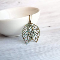 Fall Leaf Earrings, simple leaf earring, delicate filigree leaves, rustic leaf, leaf charm, small verdigris patina leaf, aqua blue green - Constant Baubling