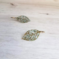 Fall Leaf Earrings, simple leaf earring, delicate filigree leaves, rustic leaf, leaf charm, small verdigris patina leaf, aqua blue green - Constant Baubling