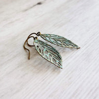Fall Leaf Earrings, simple leaf earring, delicate filigree leaves, rustic leaf, leaf charm, small verdigris patina leaf, aqua blue green - Constant Baubling