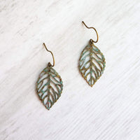 Fall Leaf Earrings, simple leaf earring, delicate filigree leaves, rustic leaf, leaf charm, small verdigris patina leaf, aqua blue green - Constant Baubling