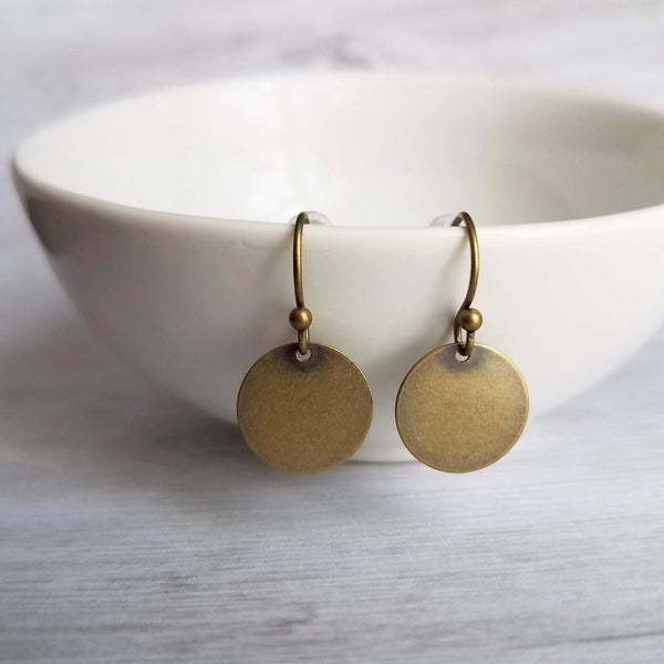 Antique Brass Disk Earrings, small bronze disk, disc earring, flat round earring, antique bronze, rustic earring, round dangle, thin circle - Constant Baubling