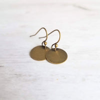 Antique Brass Disk Earrings, small bronze disk, disc earring, flat round earring, antique bronze, rustic earring, round dangle, thin circle - Constant Baubling