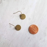 Antique Brass Disk Earrings, small bronze disk, disc earring, flat round earring, antique bronze, rustic earring, round dangle, thin circle - Constant Baubling
