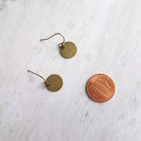 Antique Brass Disk Earrings, small bronze disk, disc earring, flat round earring, antique bronze, rustic earring, round dangle, thin circle - Constant Baubling