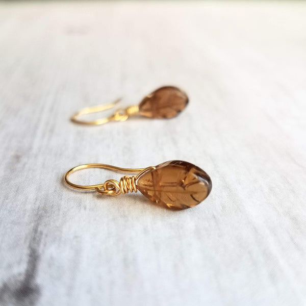 Smoky Brown Glass Leaf Earrings - small gold wire wrapped translucent leaves - 14K gold fill hook option - token gift for wife, girlfriend - Constant Baubling