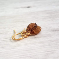Smoky Brown Glass Leaf Earrings - small gold wire wrapped translucent leaves - 14K gold fill hook option - token gift for wife, girlfriend - Constant Baubling