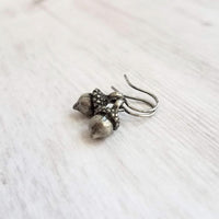 Silver Acorn Earrings, tiny acorn earring, antique silver acorn earring, small acorn earring, acorn dangle, squirrel earring, little charm - Constant Baubling