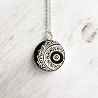 Mandala Necklace, black white necklace, mandala pendant, etched wood, yoga pendant, Hindu necklace, Buddhist, meditation symbol silver chain - Constant Baubling