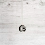 Mandala Necklace, black white necklace, mandala pendant, etched wood, yoga pendant, Hindu necklace, Buddhist, meditation symbol silver chain - Constant Baubling