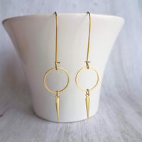 Long Gold Boho Earrings, antique brass earring, oxidized brass, lightweight earring, gold kidney hooks, gold circle earring, spike spear - Constant Baubling