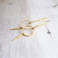 Long Gold Boho Earrings, antique brass earring, oxidized brass, lightweight earring, gold kidney hooks, gold circle earring, spike spear - Constant Baubling