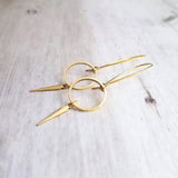Long Gold Boho Earrings, antique brass earring, oxidized brass, lightweight earring, gold kidney hooks, gold circle earring, spike spear - Constant Baubling