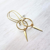 Long Gold Boho Earrings, antique brass earring, oxidized brass, lightweight earring, gold kidney hooks, gold circle earring, spike spear - Constant Baubling