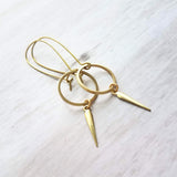 Long Gold Boho Earrings, antique brass earring, oxidized brass, lightweight earring, gold kidney hooks, gold circle earring, spike spear - Constant Baubling