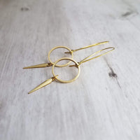 Long Gold Boho Earrings, antique brass earring, oxidized brass, lightweight earring, gold kidney hooks, gold circle earring, spike spear - Constant Baubling