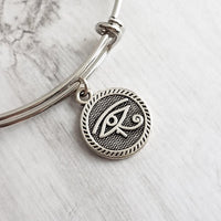 Eye of Horus Bracelet - silver Egyptian moon god celestial round coin charm of protection & healing symbol - wadjet protect health heal gift - Constant Baubling