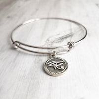 Eye of Horus Bracelet - silver Egyptian moon god celestial round coin charm of protection & healing symbol - wadjet protect health heal gift - Constant Baubling
