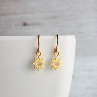 Small Sun Earrings, little gold sun earrings, tiny gold sun earrings, gold gear earrings, sunshine earring, happy cheerful jewelry gift - Constant Baubling