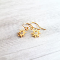 Sun Earrings - gold sunshine earring, gold sun earring, sunshine earring, sunny earring, sun ray earring, tiny sun earring, small sun charm - Constant Baubling