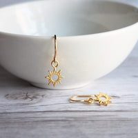 Sun Earrings - gold sunshine earring, gold sun earring, sunshine earring, sunny earring, sun ray earring, tiny sun earring, small sun charm - Constant Baubling