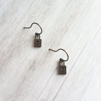 Tiny Padlock Earrings, little lock earrings, padlock charm, black earring, gunmetal earring, black gunmetal lock, promise commitment gift - Constant Baubling