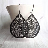 Matte Black Filigree Earrings, black teardrop earrings, matte black earring, large tear drop earring, black drop earring, intricate cut out - Constant Baubling