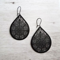 Matte Black Filigree Earrings, black teardrop earrings, matte black earring, large tear drop earring, black drop earring, intricate cut out - Constant Baubling