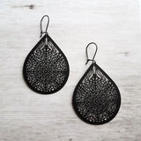 Matte Black Filigree Earrings, black teardrop earrings, matte black earring, large tear drop earring, black drop earring, intricate cut out - Constant Baubling