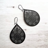 Matte Black Filigree Earrings, black teardrop earrings, matte black earring, large tear drop earring, black drop earring, intricate cut out - Constant Baubling