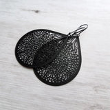 Matte Black Filigree Earrings, black teardrop earrings, matte black earring, large tear drop earring, black drop earring, intricate cut out - Constant Baubling