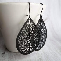 Matte Black Filigree Earrings, black teardrop earrings, matte black earring, large tear drop earring, black drop earring, intricate cut out - Constant Baubling