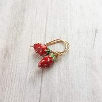 Small Strawberry Earrings, tiny strawberries, little red fruit earring, strawberry jewelry, strawberry dangle, gold strawberry charm - Constant Baubling