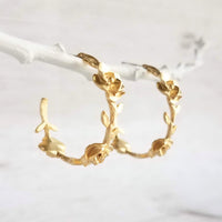 Vine Hoop Earrings, floral earring, matte silver earring, circle earring, silver branch earring, rose flower hoop .925 sterling silver posts - Constant Baubling