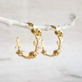 Branch Hoop Earrings, floral circle earring, gold vine earring, vine hoop, rose earring, .925 sterling silver posts, 1 inch hoop, matte gold - Constant Baubling